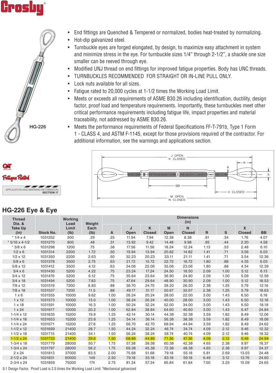 11/2x24 inch Crosby HG226 Eye&Eye Turnbuckles Wesco Industries
